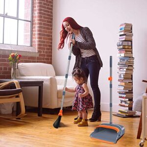 kelamayi Upgrade Broom and Dustpan Set, Self-Cleaning with Dustpan Teeth, Ideal for Dog Cat Pets Home Use, Super Long Handle Upright Stand Up Broom and Dustpan Set (Gray&Orange)