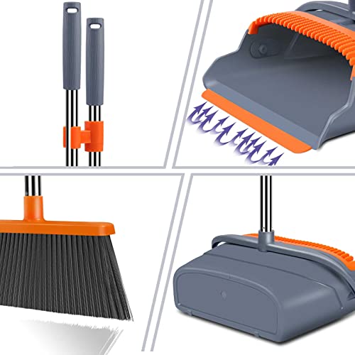 kelamayi Upgrade Broom and Dustpan Set, Self-Cleaning with Dustpan Teeth, Ideal for Dog Cat Pets Home Use, Super Long Handle Upright Stand Up Broom and Dustpan Set (Gray&Orange)