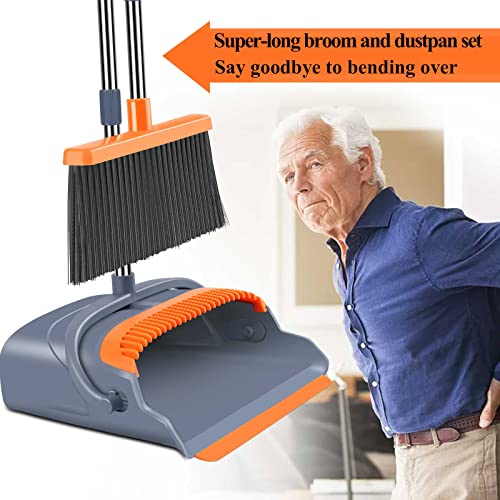 kelamayi Upgrade Broom and Dustpan Set, Self-Cleaning with Dustpan Teeth, Ideal for Dog Cat Pets Home Use, Super Long Handle Upright Stand Up Broom and Dustpan Set (Gray&Orange)