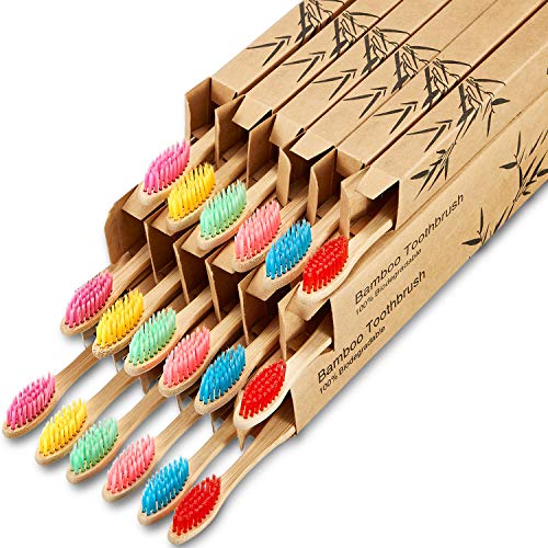 18 Pieces Bamboo Toothbrushes Tooth Brush Natural Bamboo Toothbrushes with BPA-Free Nylon Bristles and Ergonomic Handles in Individually Packaged (Multi-Colors)