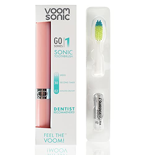 Voom Sonic Go 1 Series Battery-Operated Electric Toothbrush, Dentist Recommended, Portable Oral Care, 2 Minute Timer, Light Weight Design, Soft Dupont Nylon Bristles, Pink