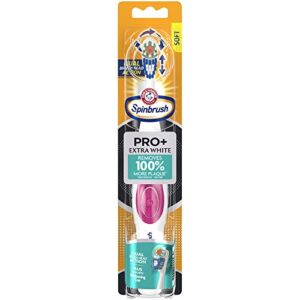 arm & hammer spinbrush pro+ extra white battery-operated– spinbrush battery powered toothbrush removes 100% more plaque- soft bristles -batteries included