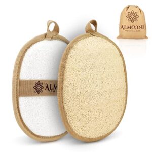 almooni premium exfoliating loofah pad body scrubber, made with natural egyptian shower loofa sponge that gets you clean, not just spreading soap – 2 count( 1 pack)