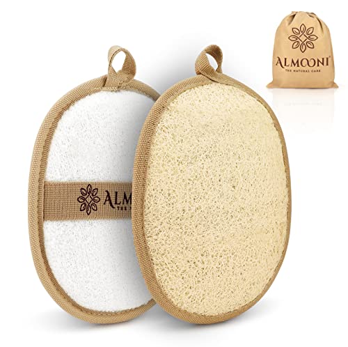 Almooni Premium Exfoliating Loofah Pad Body Scrubber, Made with Natural Egyptian Shower loofa Sponge That Gets You Clean, Not Just Spreading Soap - 2 Count( 1 Pack)