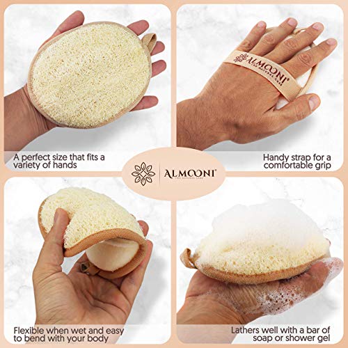 Almooni Premium Exfoliating Loofah Pad Body Scrubber, Made with Natural Egyptian Shower loofa Sponge That Gets You Clean, Not Just Spreading Soap - 2 Count( 1 Pack)