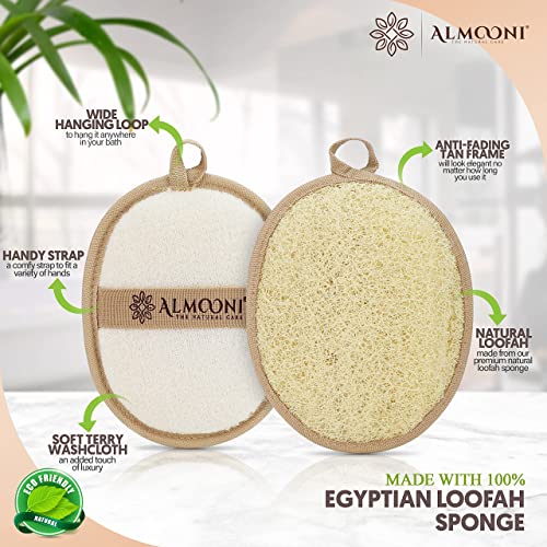 Almooni Premium Exfoliating Loofah Pad Body Scrubber, Made with Natural Egyptian Shower loofa Sponge That Gets You Clean, Not Just Spreading Soap - 2 Count( 1 Pack)