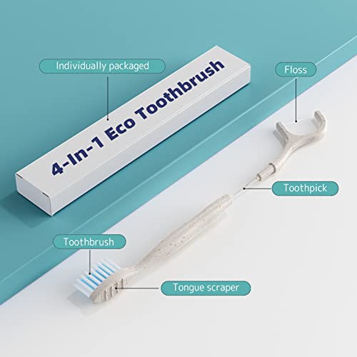 HEINENAND Travel Toothbrushes, 4 in 1 Biodegradable Disposable Toothbrush with Floss Toothpick Tongue Scraper, Eco-Friendly Individually Wrapped Toothbrush for Travel Office and School (10 Pack)