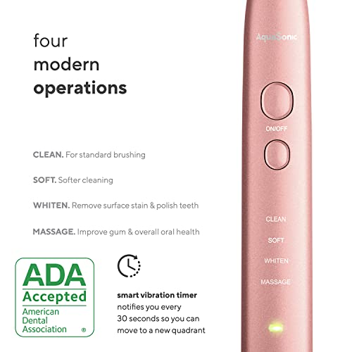 Aquasonic Vibe Series Ultra Whitening Toothbrush – ADA Accepted Power Toothbrush - 8 Brush Heads & Travel Case – 40,000 VPM Motor & Wireless Charging - 4 Modes w Smart Timer – Satin Rose Gold