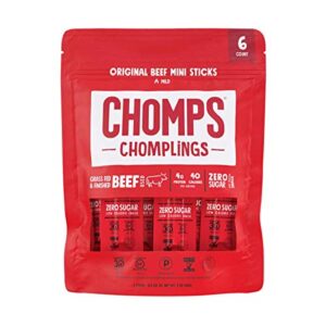 chomps mini grass fed beef jerky meat snack sticks 0.5 oz, original beef (pack of 6)