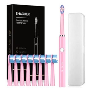 shaojier sonic electric toothbrush, electronic toothbrush for adults with 8 brush heads,rechargeable electric toothbrush with travel case, 40 day endurance, 3 modes and timer, (pink)