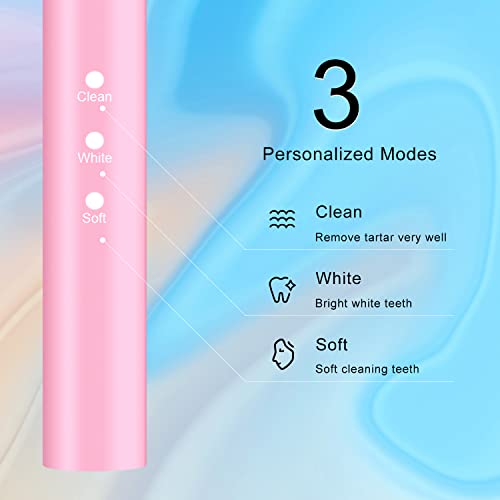 SHAOJIER Sonic Electric Toothbrush, Electronic Toothbrush for Adults with 8 Brush Heads,Rechargeable Electric Toothbrush with Travel case, 40 Day Endurance, 3 Modes and Timer, (Pink)