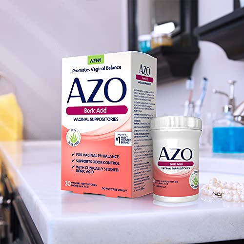 AZO Boric Acid Vaginal Suppositories, Helps Support Odor Control and Balance Vaginal PH with Clinically Studied Boric Acid, Non-GMO, 30 Count