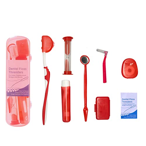 Boxed Portable Orthodontic Care Kit Orthodontic Toothbrush Kit for Braces for Orthodontic Patient Travel Oral Care Kit Dental Travel Kit Interdental Brush Dental Wax Dental Floss (8 Pcs/Pack)-Red