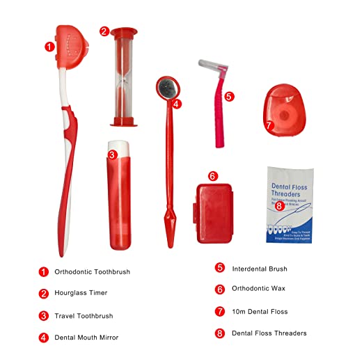 Boxed Portable Orthodontic Care Kit Orthodontic Toothbrush Kit for Braces for Orthodontic Patient Travel Oral Care Kit Dental Travel Kit Interdental Brush Dental Wax Dental Floss (8 Pcs/Pack)-Red