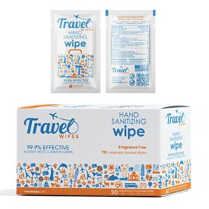 hand sanitizing travel wipes – individually packed premium hand sanitizing wipes for travel, home, office, school, etc. with moisturizer – manufactured in usa (fragrance free 30ct box)