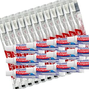 colgate travel size cavity protection toothpaste .85 oz with colgate individually cello-wrapped toothbrush soft | travel kit tsa approved | disposable toothpastes & soft bristle toothbrushes bulk (12)