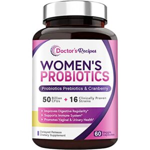 doctor’s recipes women’s probiotic, 60 caps 50 billion cfu 16 strains, with organic prebiotics cranberry, digestive immune vaginal & urinary health, shelf stable, delayed release, no soy gluten dairy