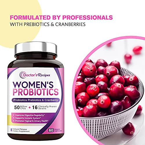 Doctor's Recipes Women’s Probiotic, 60 Caps 50 Billion CFU 16 Strains, with Organic Prebiotics Cranberry, Digestive Immune Vaginal & Urinary Health, Shelf Stable, Delayed Release, No Soy Gluten Dairy