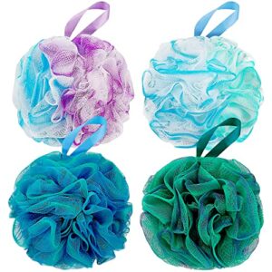 DadyMart Bath Shower Loofah Sponge 60g Bath Mesh Pouf Shower Ball Body Scrubber Exfoliating Bath Sponge for Women and Men, Set of 4, Flower