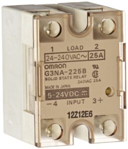 omron g3na-225b dc5-24 solid state relay, zero cross function, yellow indicator, phototriac coupler isolation, 25 a rated load current, 24 to 240 vac rated load voltage, 5 to 24 vdc input voltage