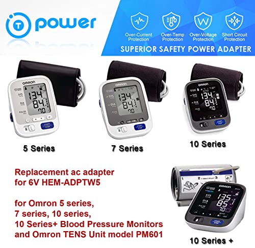 T POWER Charger Compatible for Omron 5 Silver BP5250 Gold BP5350,HEM-71571T-Z 7 10 Series BP742N BP760N BP761 BP785N BP786N Upper Arm Blood Pressure Monitor Ac Adapter Power Supply(no Need Batteries)