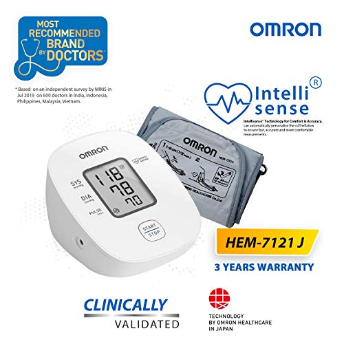 Omron Hem 7121J Fully Automatic Digital Blood Pressure Monitor with Intellisense Technology & Cuff Wrapping Guide Most Accurate Measurement (White) (Power Source - Battrey)
