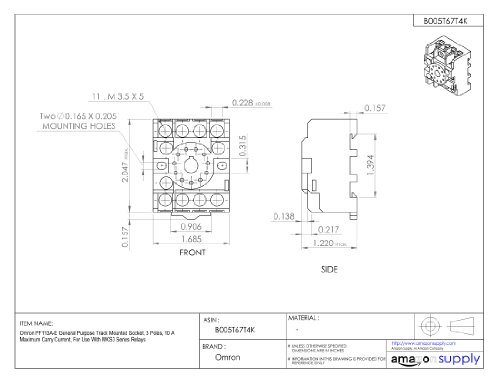 Omron PF113A-E General Purpose Track Mounted Socket, 3 Poles, 10 A Maximum Carry Current, For Use With MKS3 Series Relays