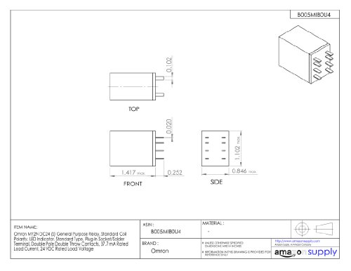 Omron MY2N DC24 (S) General Purpose Relay, Standard Coil Polarity, LED Indicator, Standard Type, Plug-In Socket/Solder Terminal, Double Pole Double Throw Contacts, 37.7 mA Rated Load Current, 24 VDC Rated Load Voltage