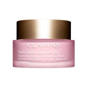 clarins multi-active day cream, broad spectrum spf 20 sunscreen | multi-tasking anti-aging moisturizer | uva/uvb protection | visibly minimizes fines lines | boosts radiance | smoothes and tones