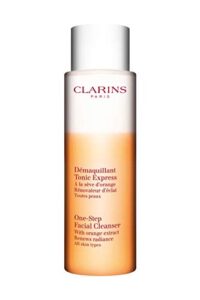 clarins one-step facial cleanser with orange extract | 2-in-1 cleanser and exfoliator | restores radiance | no rinsing necessary | all skin types | 6.8 ounces