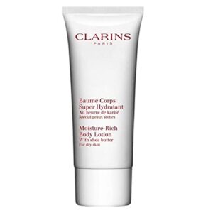 clarins moisture-rich body lotion | intensely hydrates | nourishes, softens and smoothes | non-greasy and fast absorbing | 88% natural ingredients | body cream with shea butter | for dry skin types