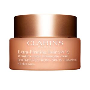 clarins extra-firming day cream, broad spectrum spf 15 sunscreen | anti-aging moisturizer | uva/uvb protection | in just 2 weeks, skin appears visibly regenerated, firmer and tighter* |boosts radiance