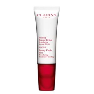 clarins beauty flash peel | 10-minute at-home facial | visibly tightens pores | gently eliminates dead skin cells | refines skin texture | renews radiance | contains ahas and bhas | all skin types