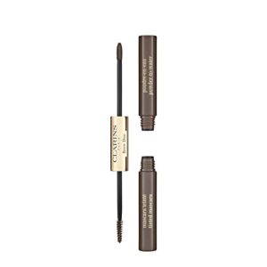 clarins brow duo | 2-in-1 brow pencil and tinted brow gel | buildable, powder-to-cream formula sculpts, defines and fills in brows | tinted gel tames, shades and sets brows in place | 0.06 ounces