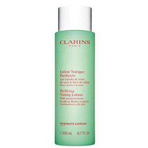clarins purifying toning lotion | less oily skin after 14 days of use* | cleanses, hydrates, purifies, mattifies and balances skin’s microbiota | contains witch hazel | combination to oily skin types