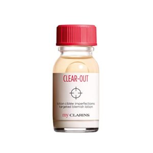 my clarins new clear-out targeted blemish lotion|dries imperfections 1 night after first application*| targets blemishes|visibly minimizes redness|salicylic acid|vegan|paraben & sulfate-free