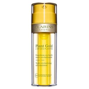 clarins plant gold oil-emulsion | hydrates, nourishes and restores radiance | lightweight, non-oily moisturizer | 100% natural plant extracts | all skin types | 1.1 fluid ounce