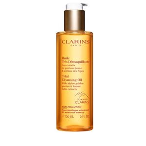 clarins total cleansing oil | removes long-wearing, heavy and waterproof makeup and pollutants | preserves skin’s microbiota | easy rinse | safe for use on face, eyes and lips | dermatologist tested
