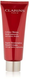 clarins super restorative hand cream | anti-aging | targets dark spots and wrinkles | promotes youthful-looking hands immediately and over time | shea and mango butters nourish, soften and smoothe