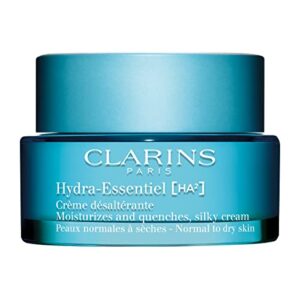 clarins new hydra-essentiel silky cream|intensely hydrating moisturizer|60 seconds to plumper skin*|nourishes, comforts and softens|double dose hyaluronic acid|normal-dry skin|1.7 ounces