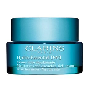 clarins new hydra-essentiel rich cream|intensely hydrating moisturizer|60 seconds to plumper skin*|nourishes, softens and soothes|double dose hyaluronic acid|very dry skin type|1.7 ounces