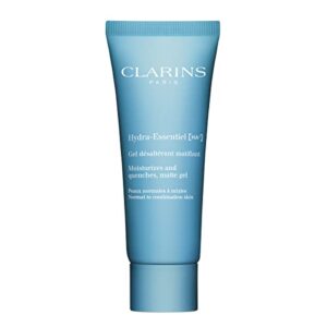 clarins new hydra-essentiel matte gel|intensely hydrating & mattifying|60 seconds to plumper skin*|softens & refreshes|double dose of hyaluronic acid|normal-combination skin|2.6 ounces