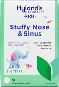 hyland’s 4 kids stuffy nose & sinus cold and allergy medicine for children ages 2+ headache relief and nasal decongestant, 50 tablets