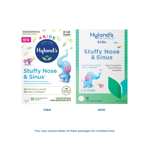 Hyland's 4 Kids Stuffy Nose & Sinus Cold and Allergy Medicine for Children Ages 2+ Headache Relief and Nasal Decongestant, 50 Tablets