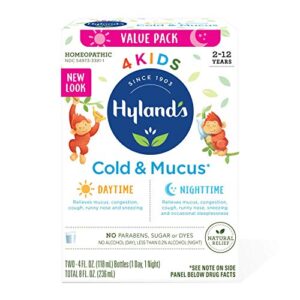 kids cold medicine and mucus relief for ages 2+, hylands 4 kids cold ‘n mucus, day and night value pack, syrup cough medicine for kids, nasal decongestant and allergy relief, 4 fl oz (pack of 2)