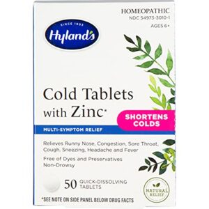 hyland’s cold medicine with zinc, decongestant and sore throat relief, homeopathic for adults, 50 count