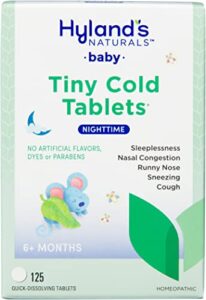 hyland’s naturals tiny cold tablets nighttime, baby & infant cold and cough medicine, decongestant, natural relief of common cold symptoms, 125 quick-dissolving tablets