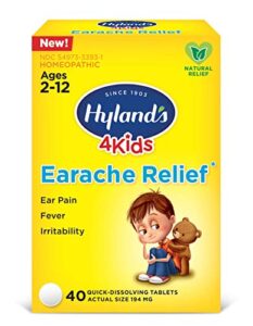 swimmers ear relief tablets for kids by hyland’s, fast natural homeopathic pain relief of cold & flu earaches, swimmers ear, and allergies, 40 tablets