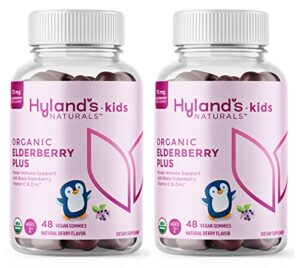 hyland’s naturals kids organic elderberry plus gummies, organic black elderberry with zinc and vitamin c, immune support for children, 48 vegan gummies (2 pack)