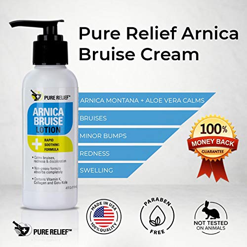 Pure Relief Arnica Cream Bruise Relief Lotion For Bruising And Swelling On Skin | Bruise Cream Extra Strength Vitamin K Cream | Moisturizing Arnica Bruise Formula Skin Care Gel W/Collagen, 4 Fl Oz